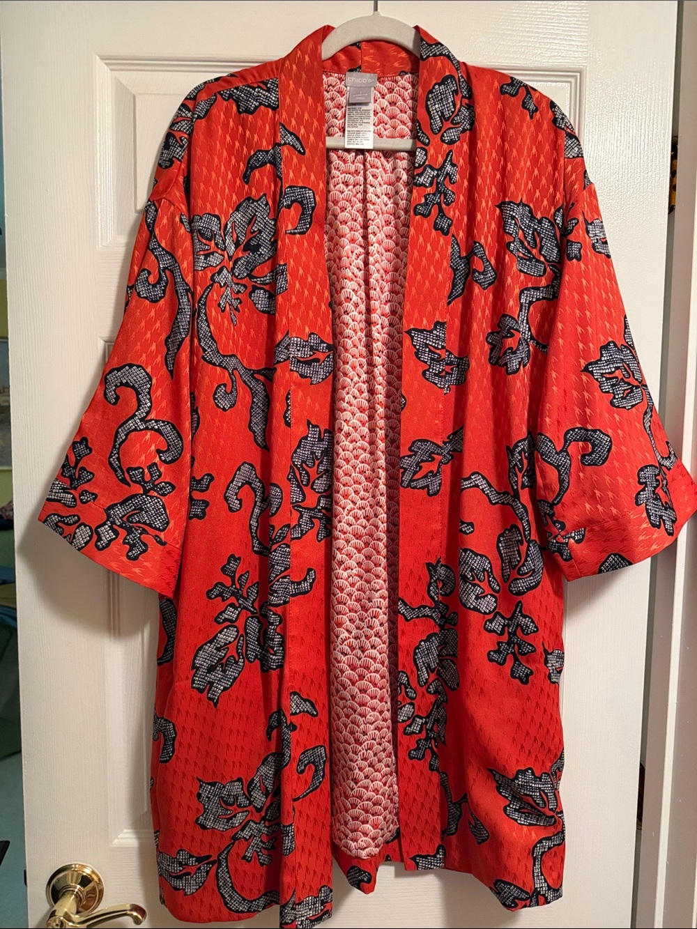Chico’s Textured Polyester Fabric Kimono Burnt Orange w/Blue and White Design M